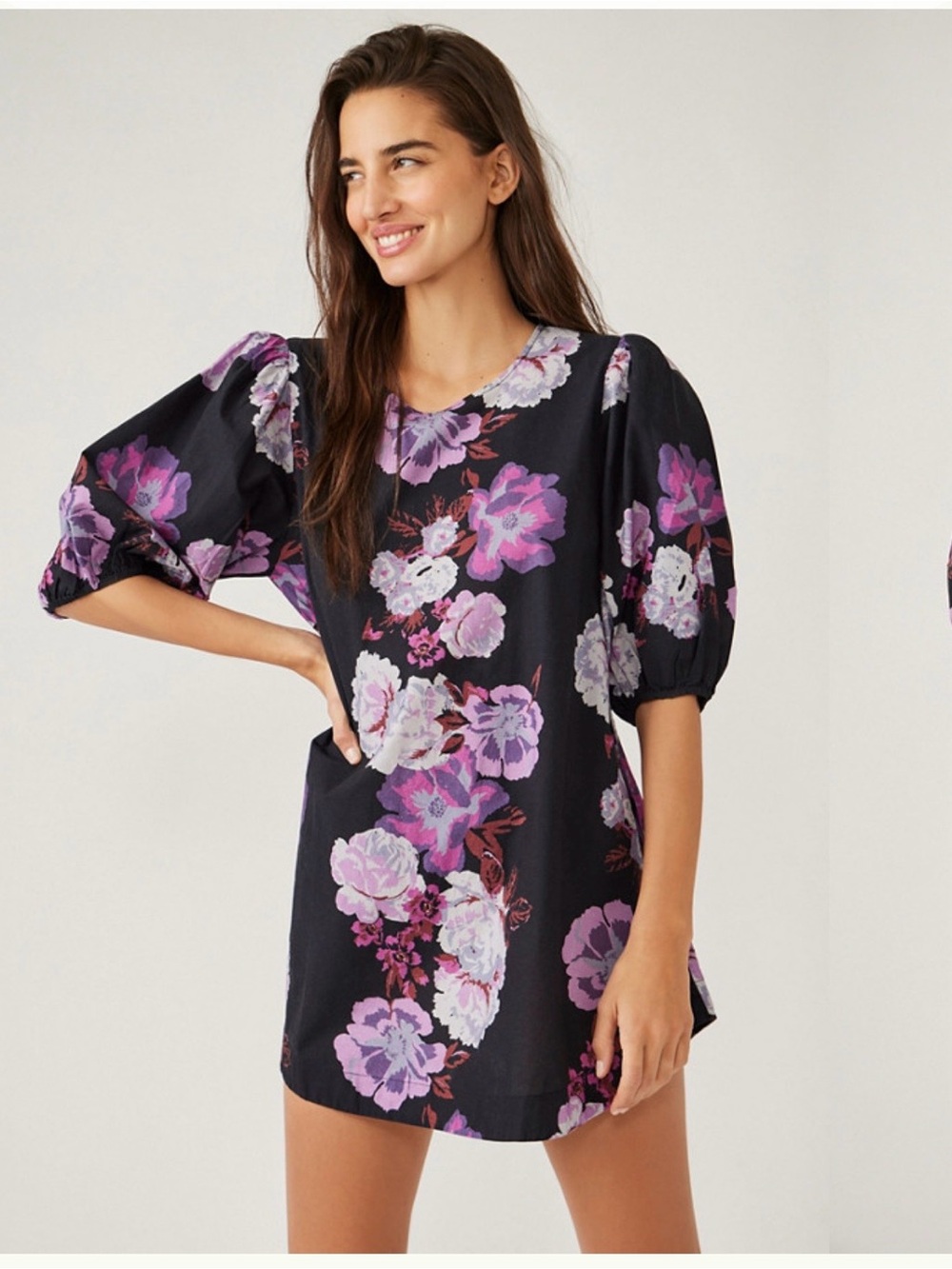 Free People Black Mini Dress with Purple Floral Print